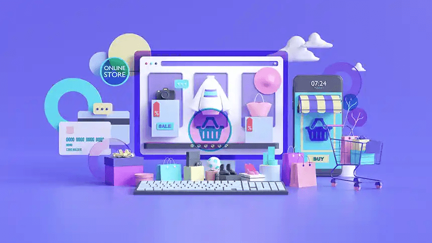3D illustration of e-commerce storefront with shopping icons on purple background
