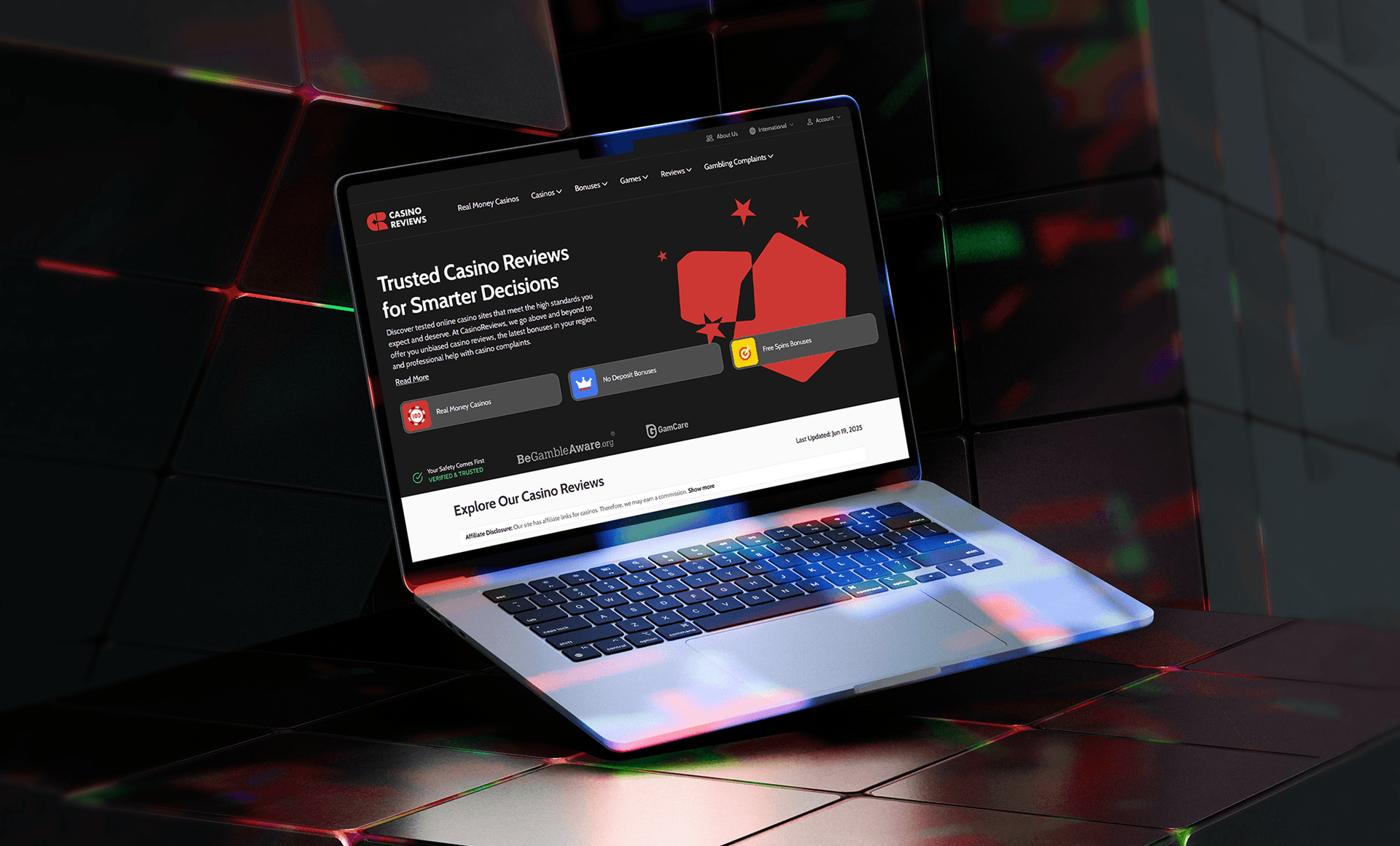 Laptop showing casino reviews website with dark theme and neon accents