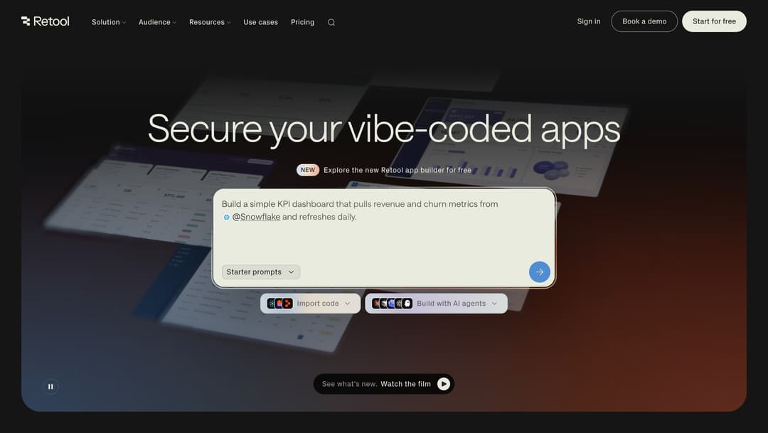 Retool homepage displaying "Secure your vibe-coded apps" with a KPI dashboard example and options to import code or build wit