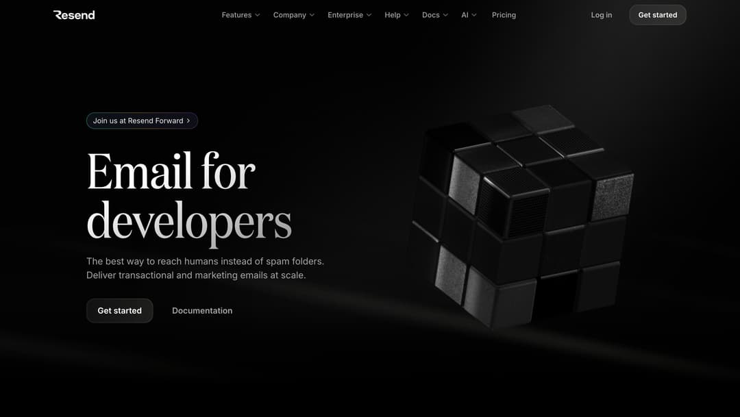 Resend homepage featuring "Email for developers" headline with 3D black cube illustration and navigation menu on dark backgro
