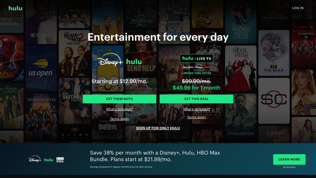 Hulu streaming service homepage displaying subscription offers with movie and TV show thumbnails in background, featuring "En