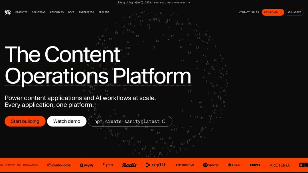 The Content Operations Platform homepage with white text on dark background featuring scattered numbers. Three action buttons