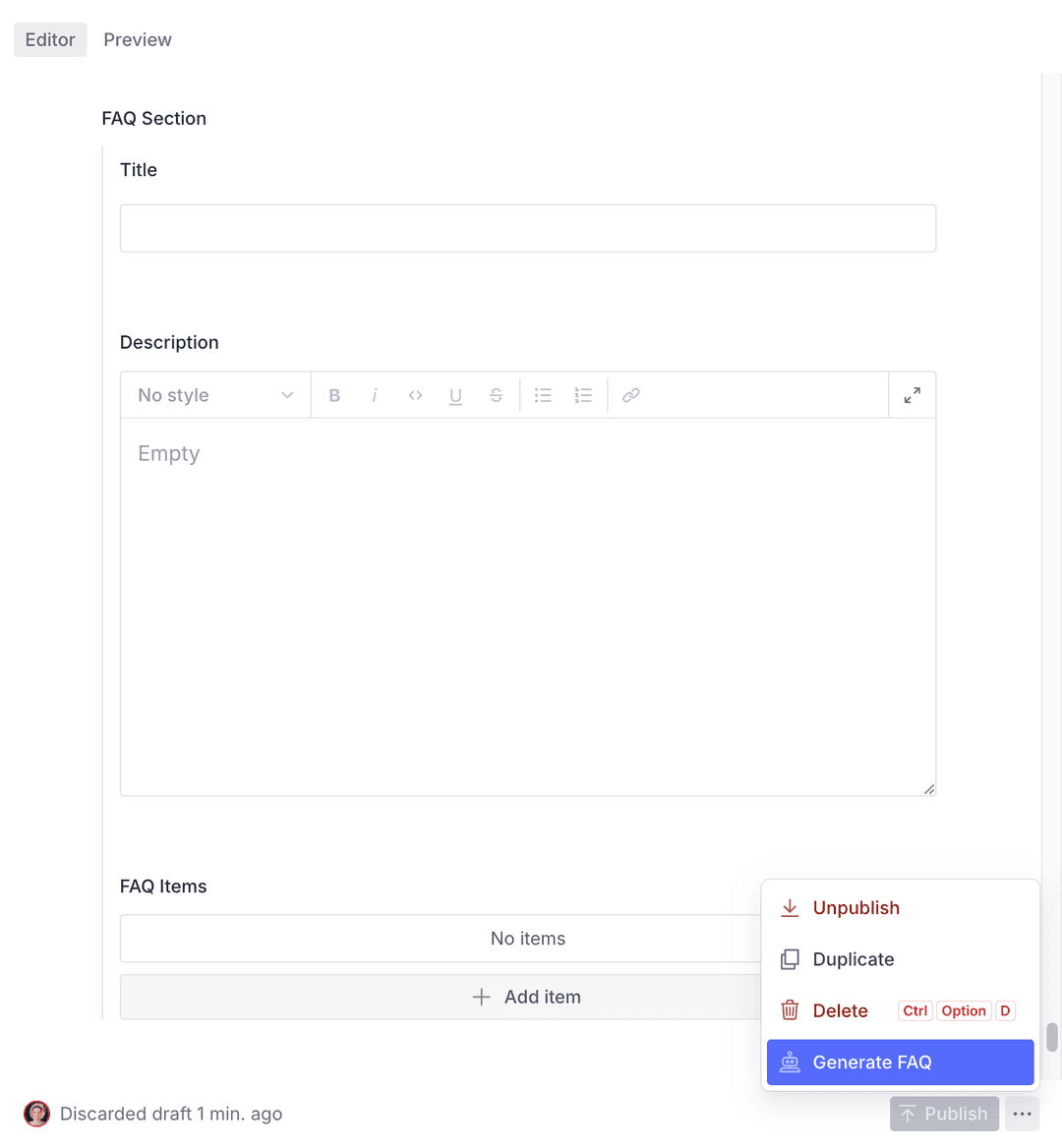 Custom "Generate FAQ" document action in Sanity