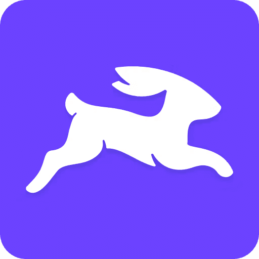 White running rabbit icon on purple rounded square background