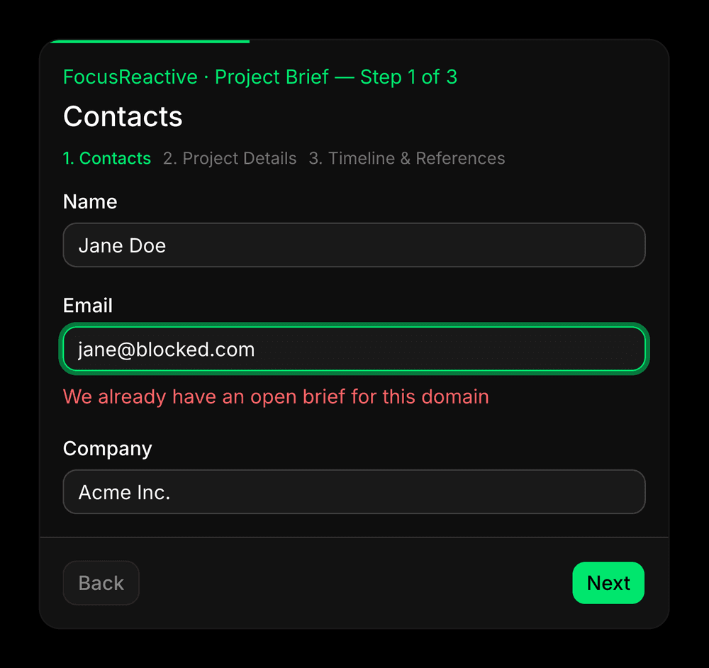The server rejected the email, so the form jumped back to step one and put the cursor in the field that failed.
