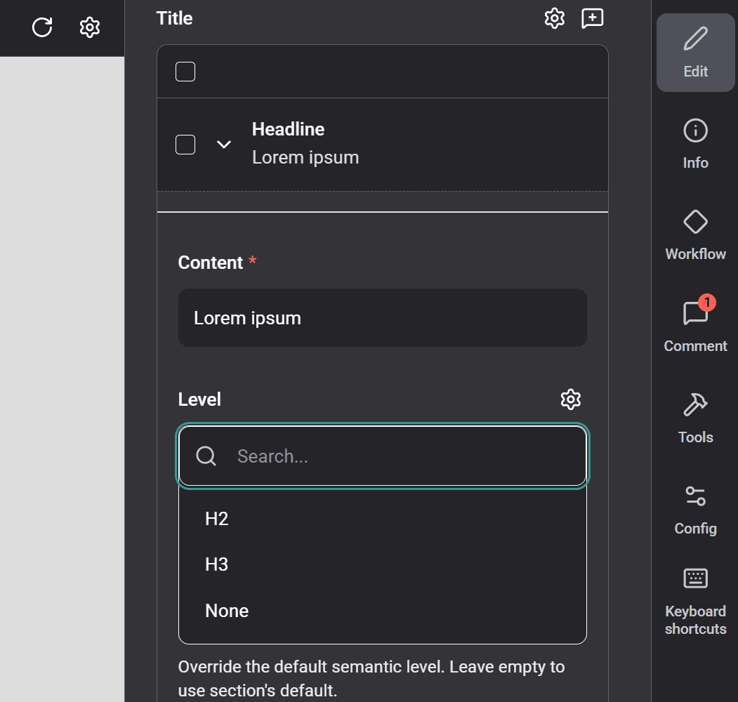The headline block's Level dropdown (H2 / H3 / None): the per-section override every headline now gets.