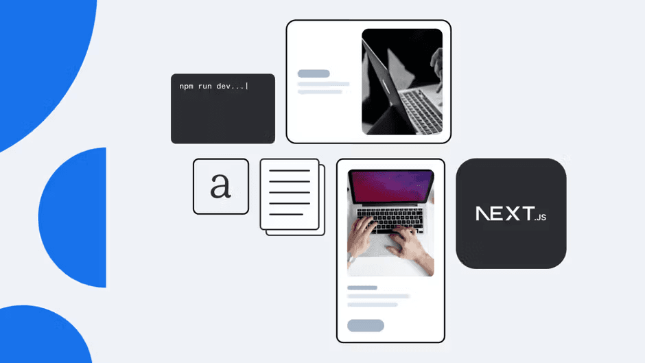 Web development collage with terminal, laptop, and Next.js logo