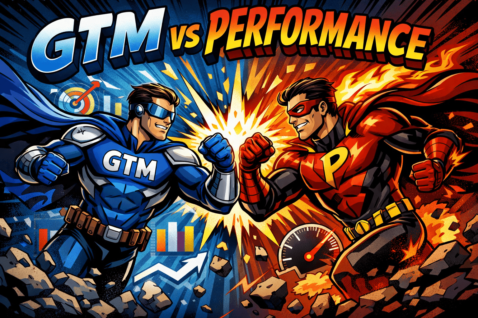 GTM vs Performance comic-style battle illustration with two warriors
