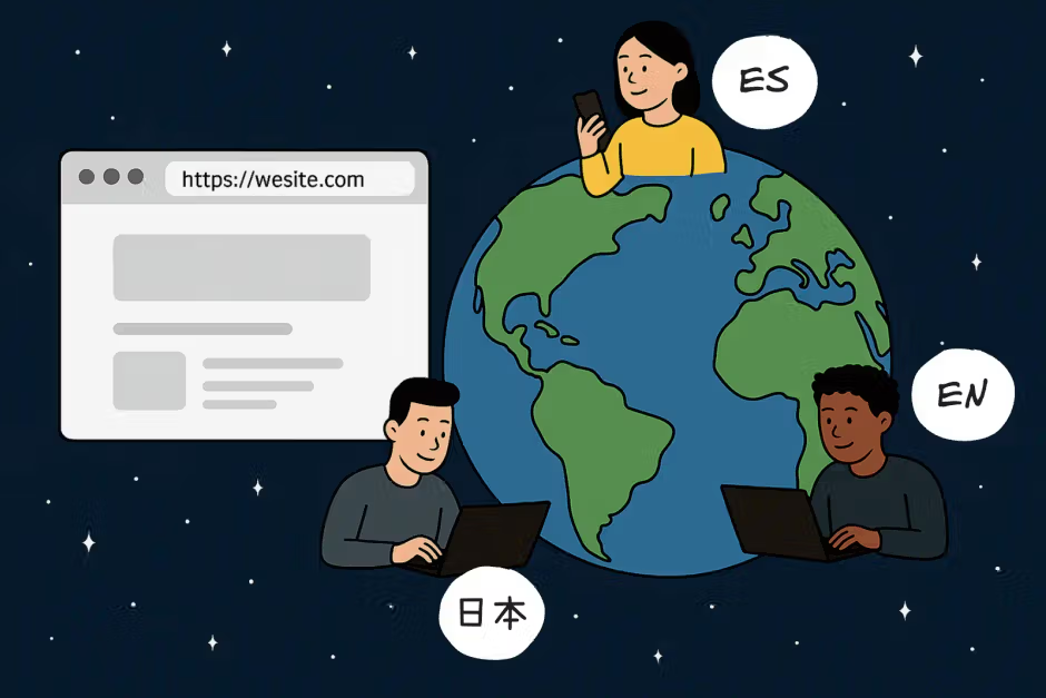 People around a globe with speech bubbles in multiple languages