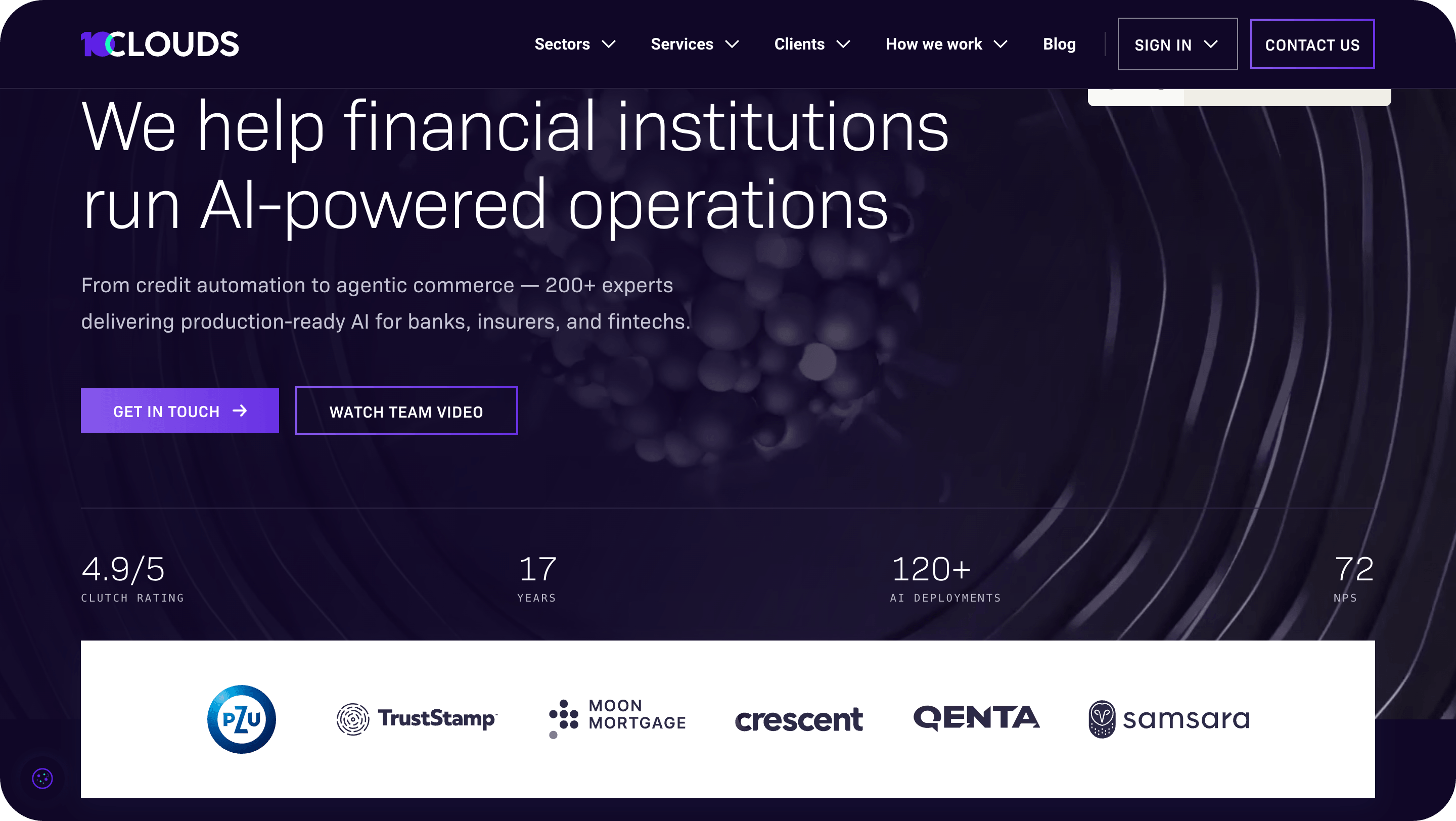 Kclouds website homepage with dark background showing headline "We help financial institutions run AI-powered operations," na