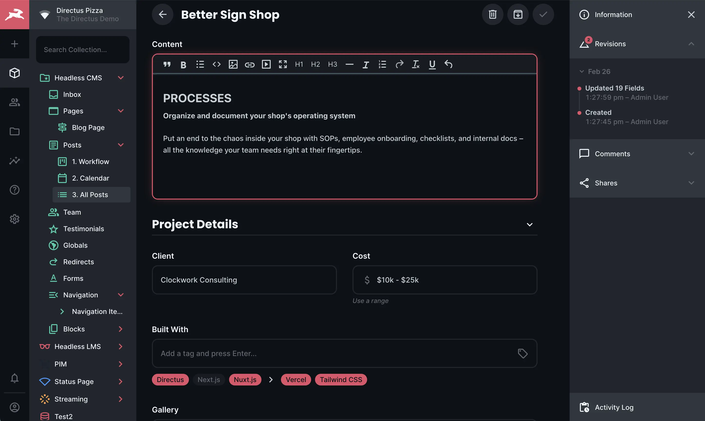 Directus interface