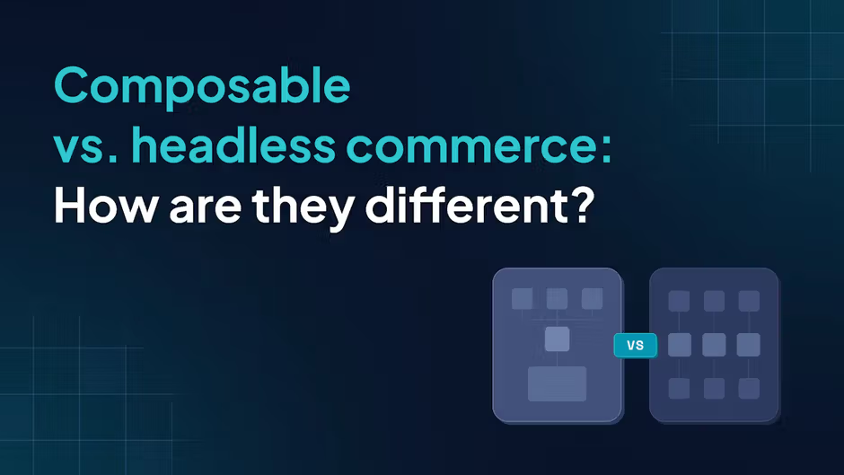 Composable vs headless commerce comparison with dark grid UI elements