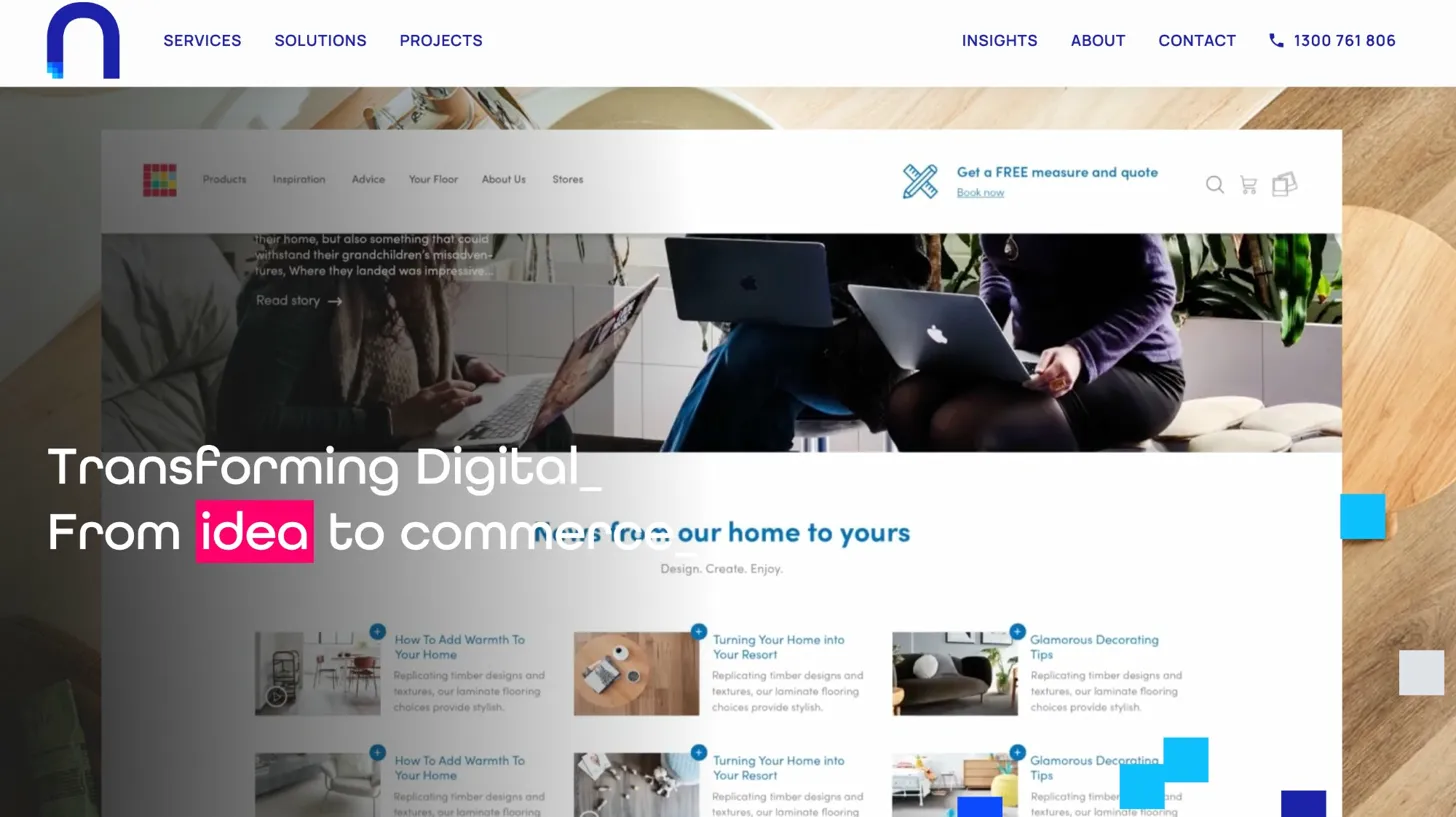Website mockup showing people using laptops with headline ‘Transforming Digital From idea to commerce’