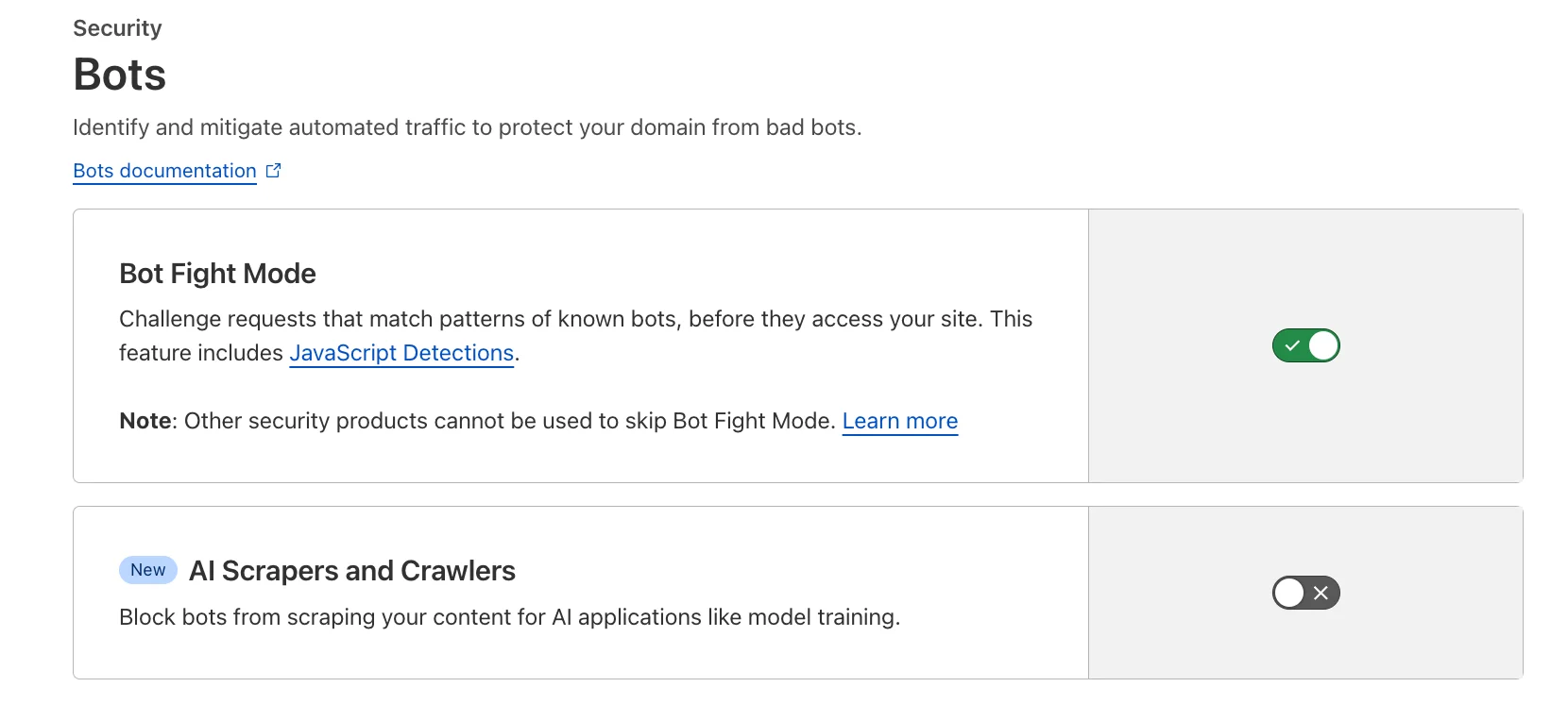 Cloudflare Security → Bots panel: Bot Fight Mode on, AI Scrapers and Crawlers off.