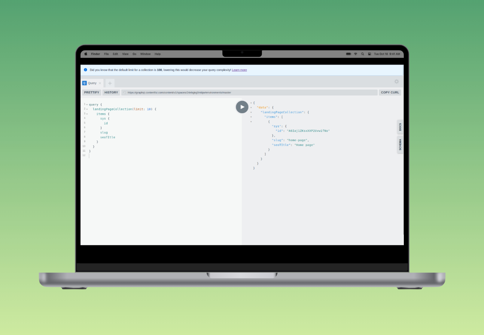 Contentful GraphQL Playground open in the browser with a query in progress