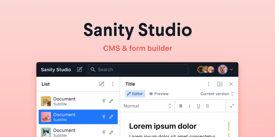 Sanity Studio CMS interface showing document list and editor