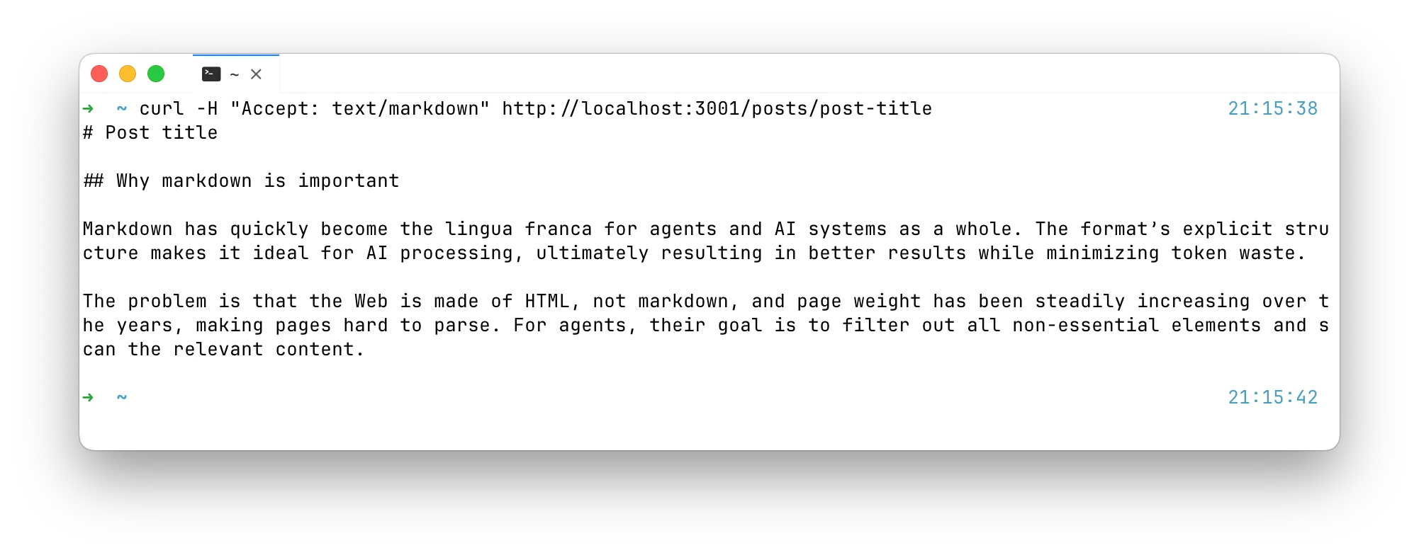 curl with Accept: text/markdown returning a clean Markdown body from the same URL a browser would get HTML for|697x273