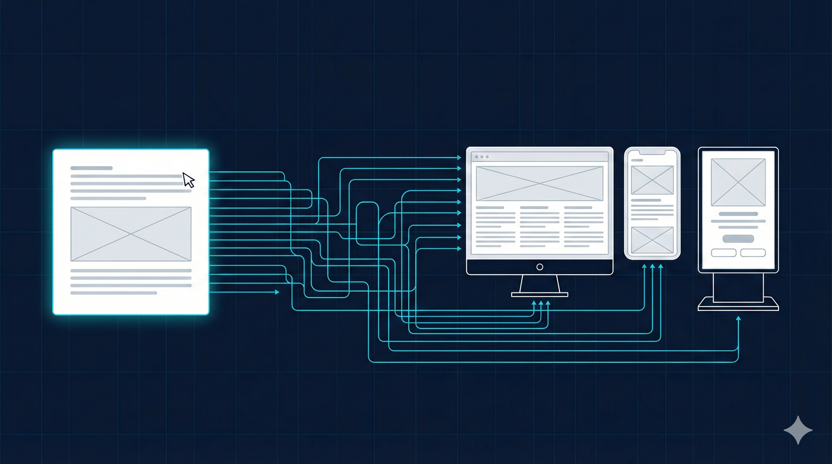 Abstract architectural illustration showing a content system with an editor panel, API connections, and multiple device screens displaying the same content