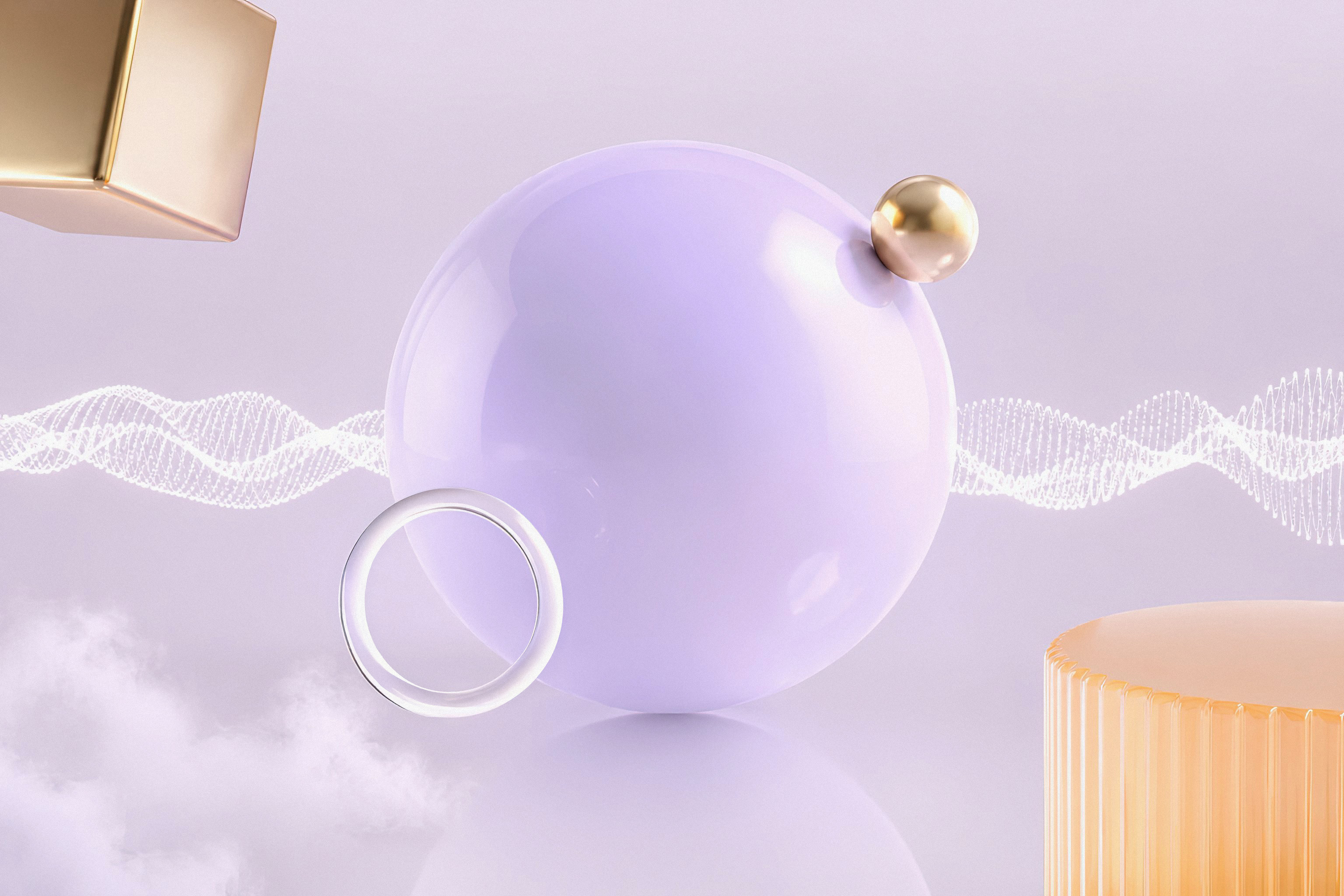 Abstract 3D scene with a glossy lavender sphere, gold accents, and floating geometric shapes on a soft pastel background.