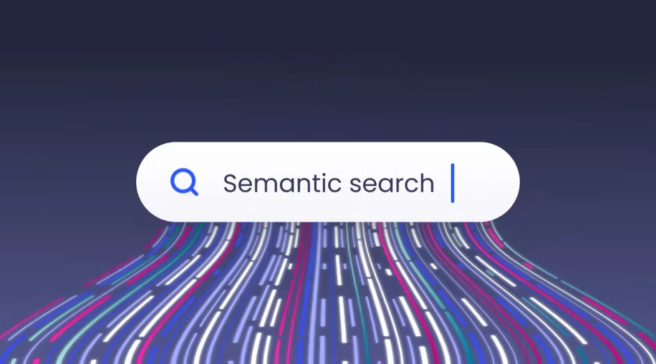 Semantic search bar with colorful data streams on dark background