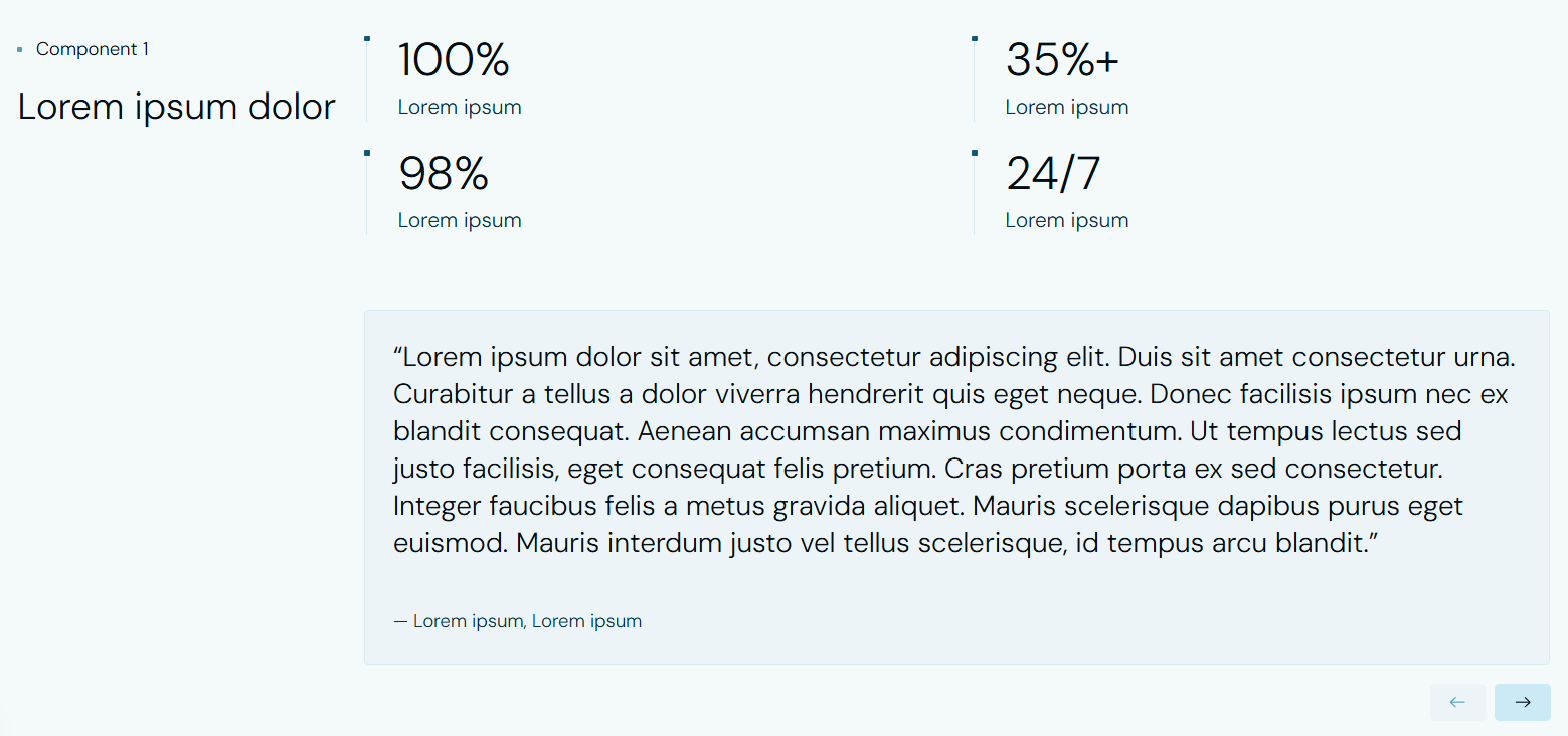 Variant 1. Heading on the left, stats grid + testimonial quote on the right