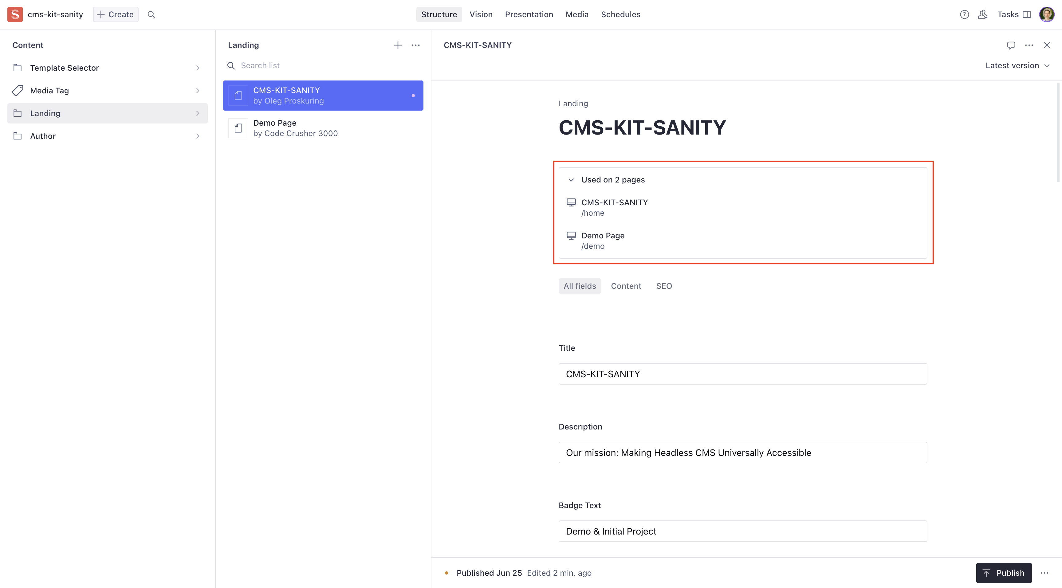 Sanity Studio 'used on page' references