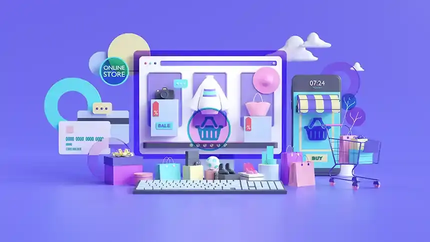 3D illustration of e-commerce storefront with shopping icons on purple background