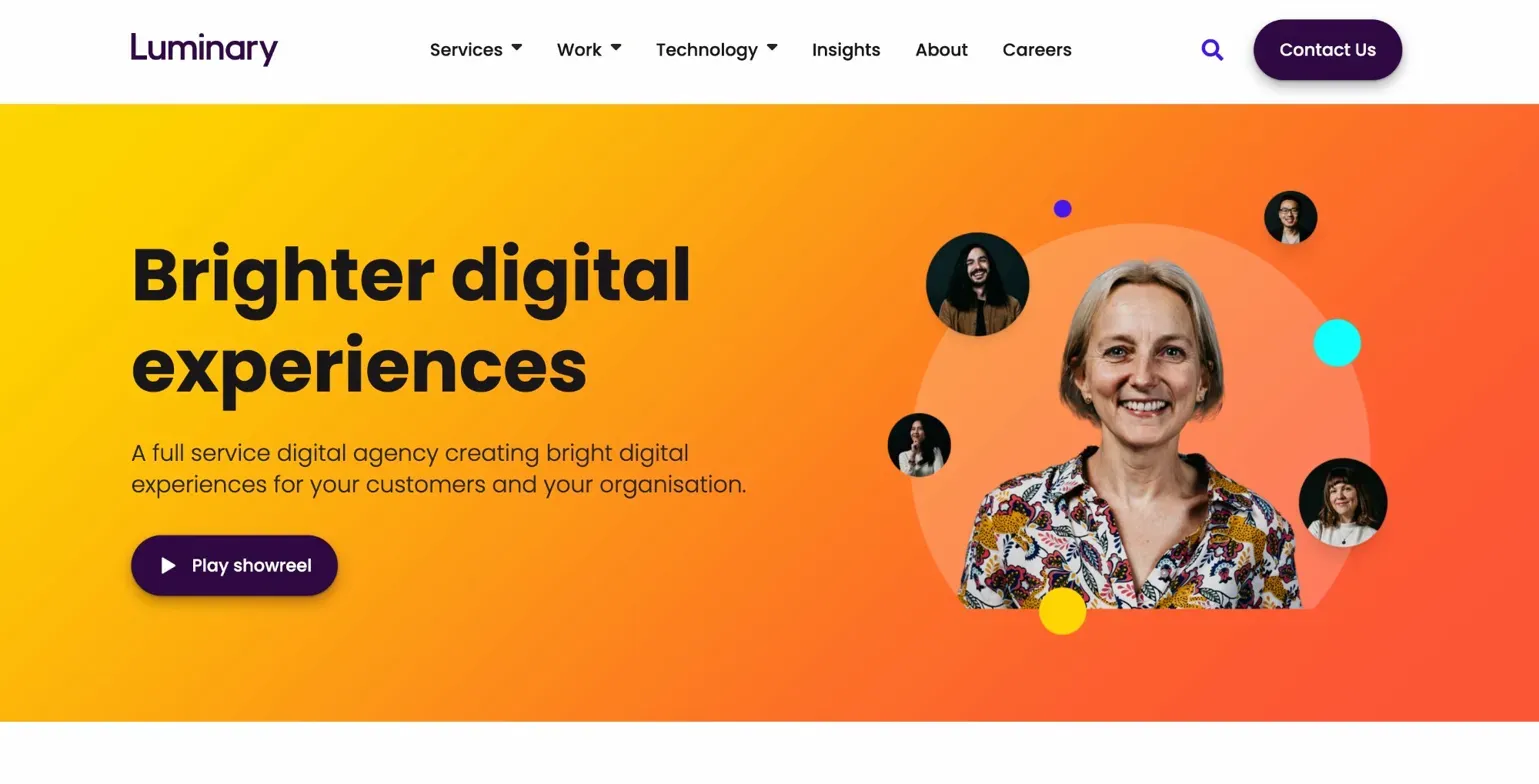 Luminary agency homepage with ‘Brighter digital experiences’ text and smiling people on orange gradient background