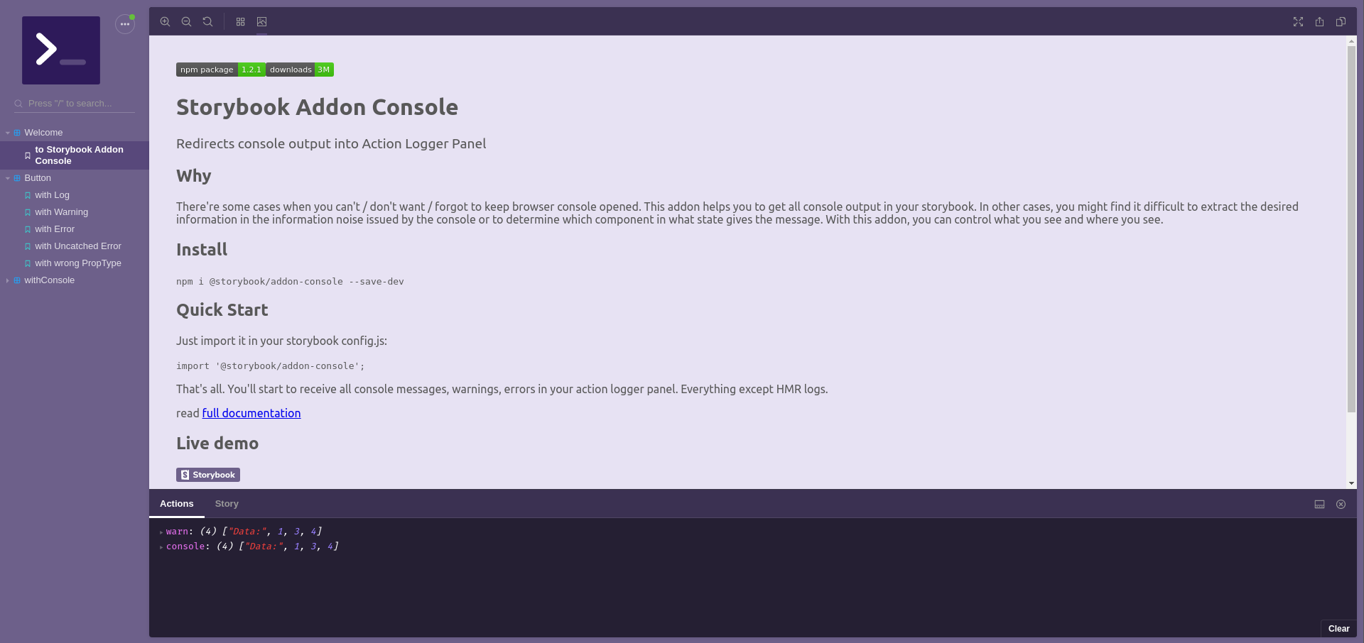 Storybook Addon Console: Display Console Logs in Action Logger Panel