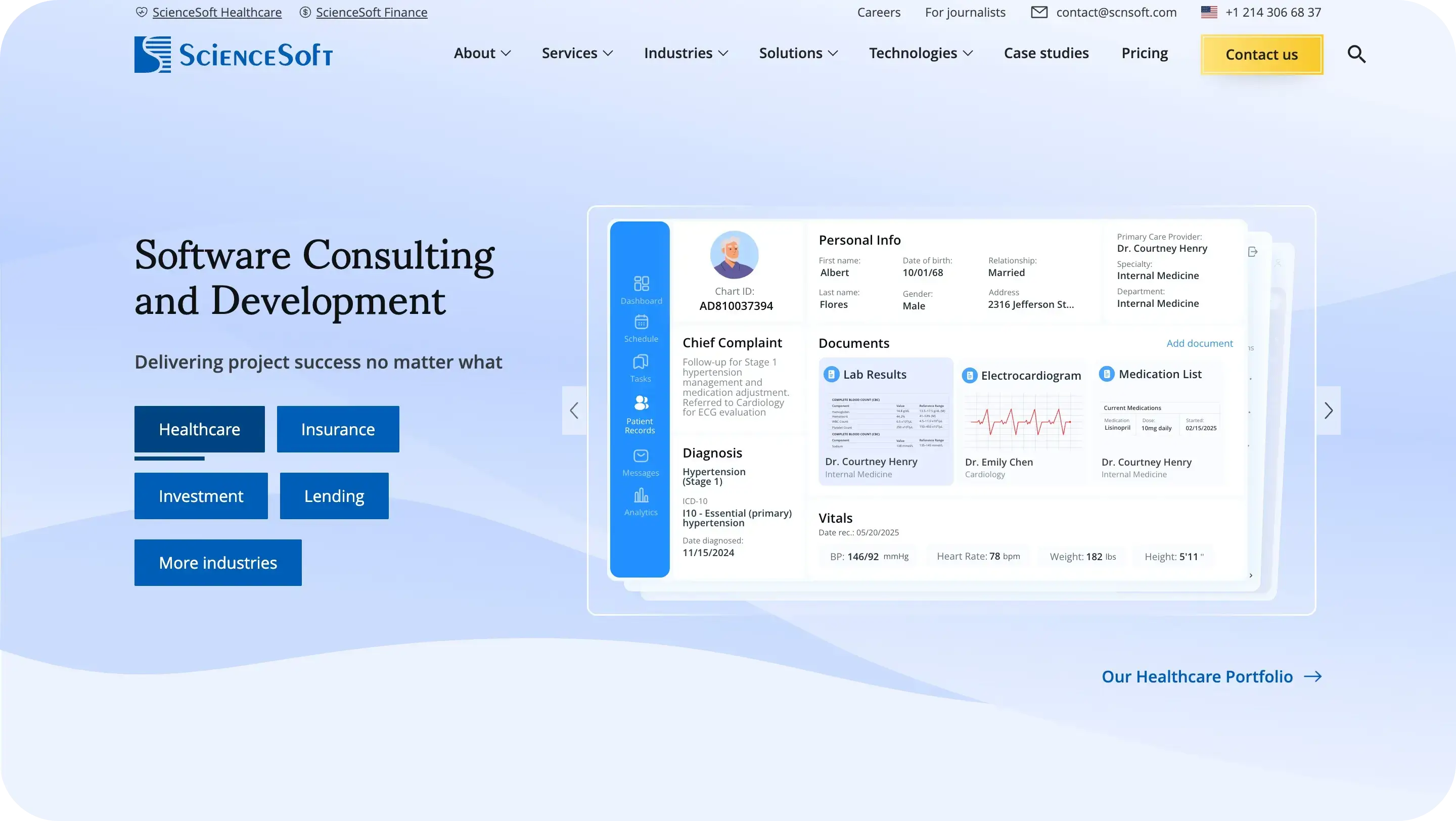 ScienceSoft website homepage showcasing software consulting and development services with a healthcare EHR system interface d