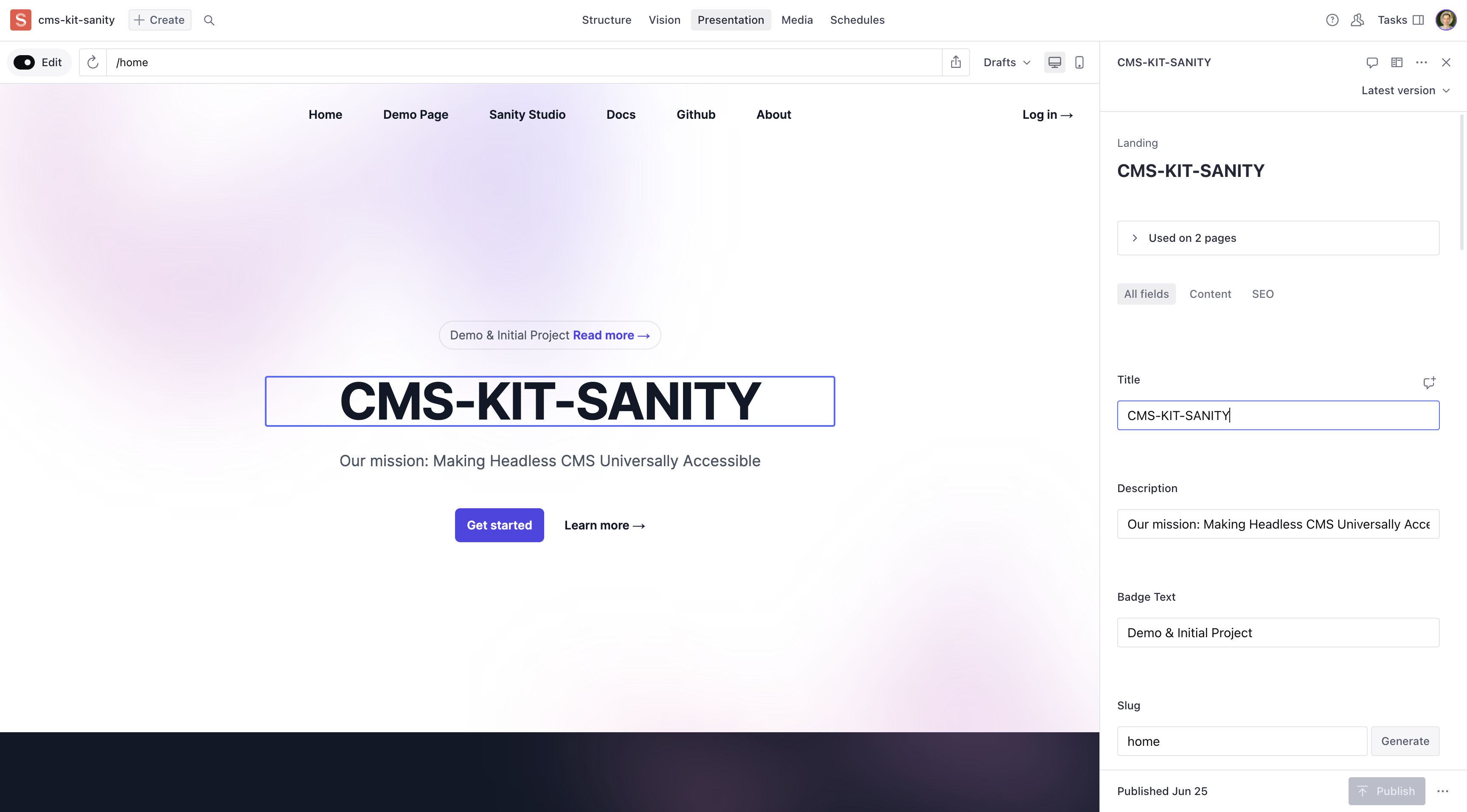 Sanity's presentation tool interface