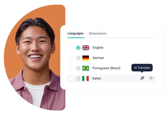 Smiling man with multilingual content UI showing language selection panel