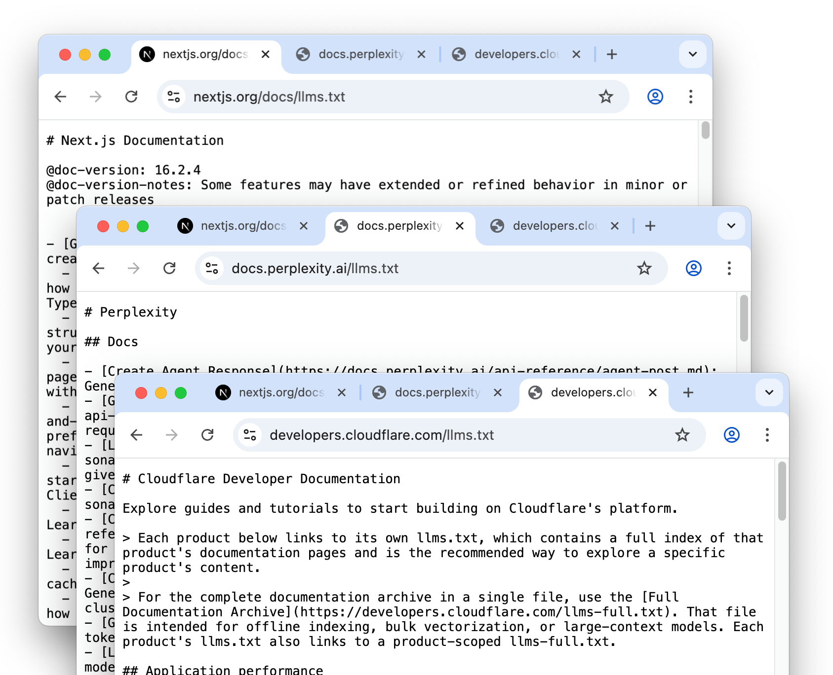 llms.txt files from Next.js, Perplexity, and Cloudflare - all developer documentation, the only segment where llms.txt actually gets fetched|697x566