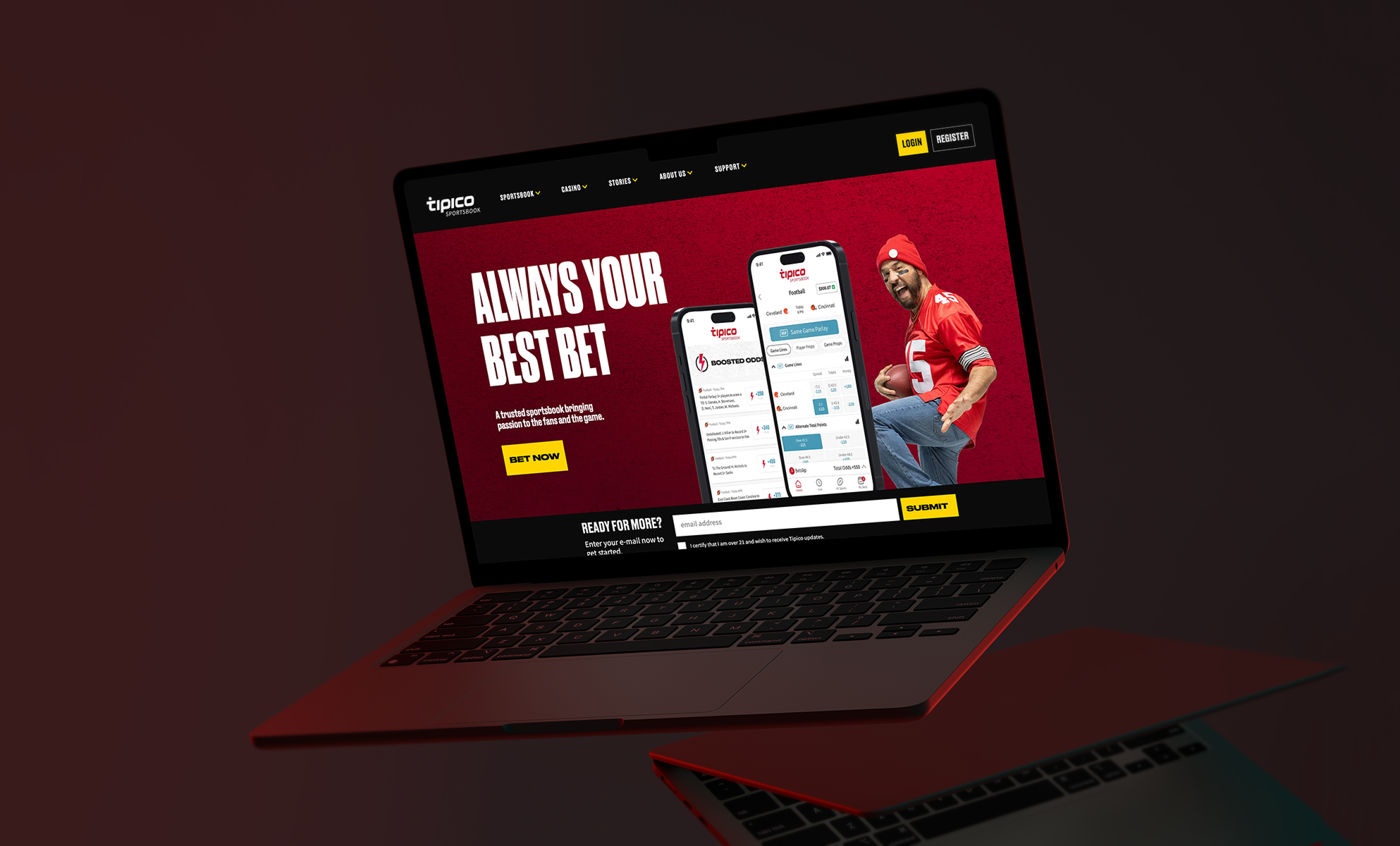 Laptop showing Tipico sports betting website with Always Your Best Bet tagline