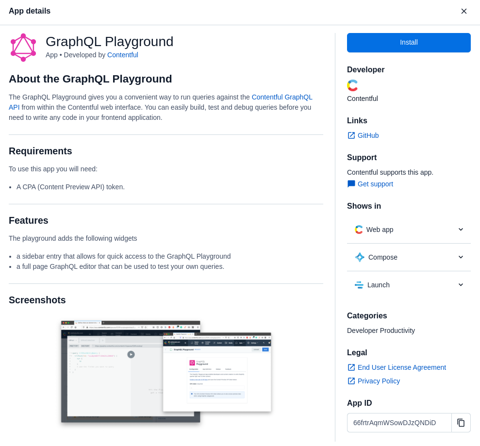 Contentful GraphQL Playground accessed from the Apps menu