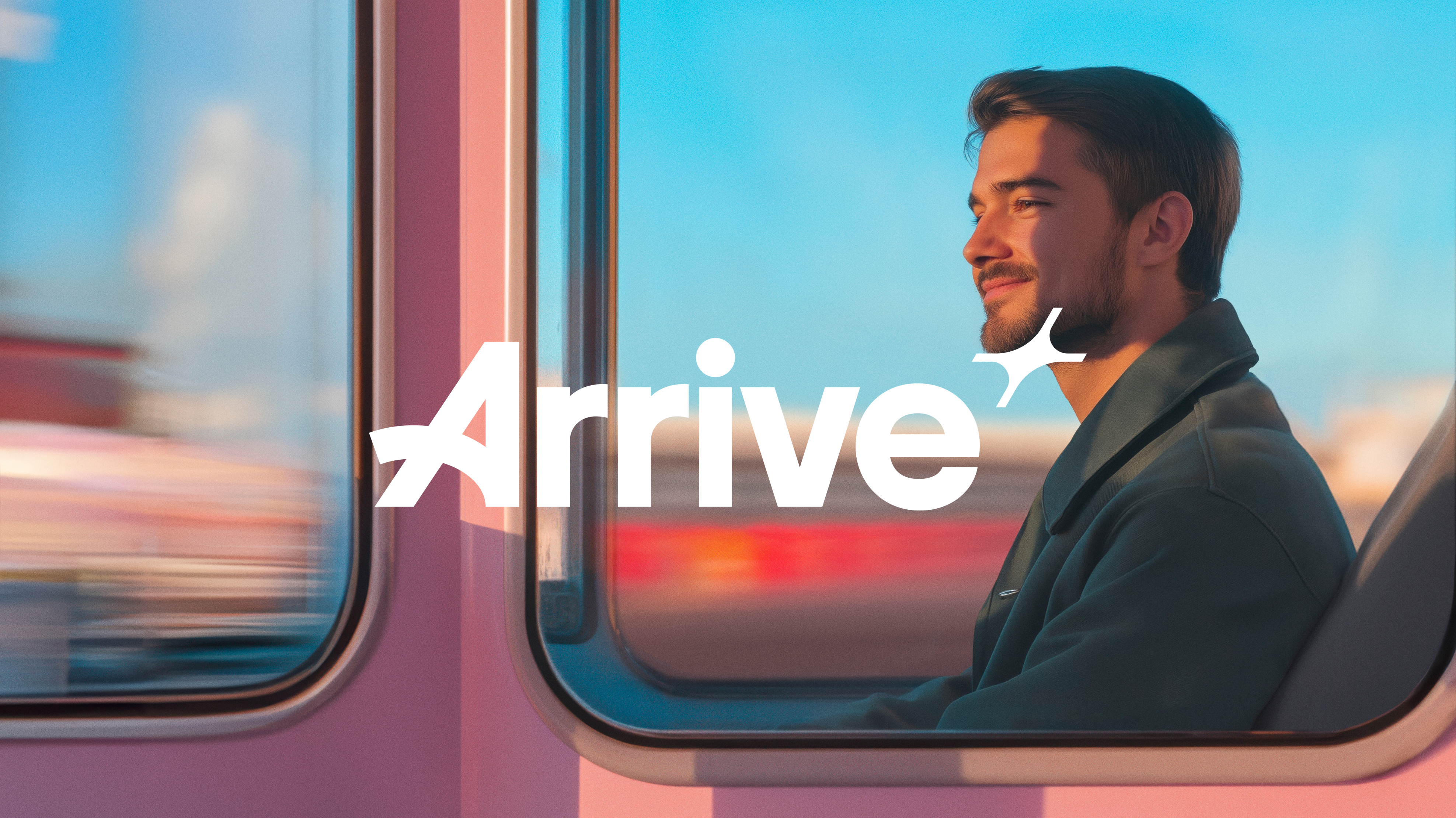 Arrive app hero banner with man smiling on a train