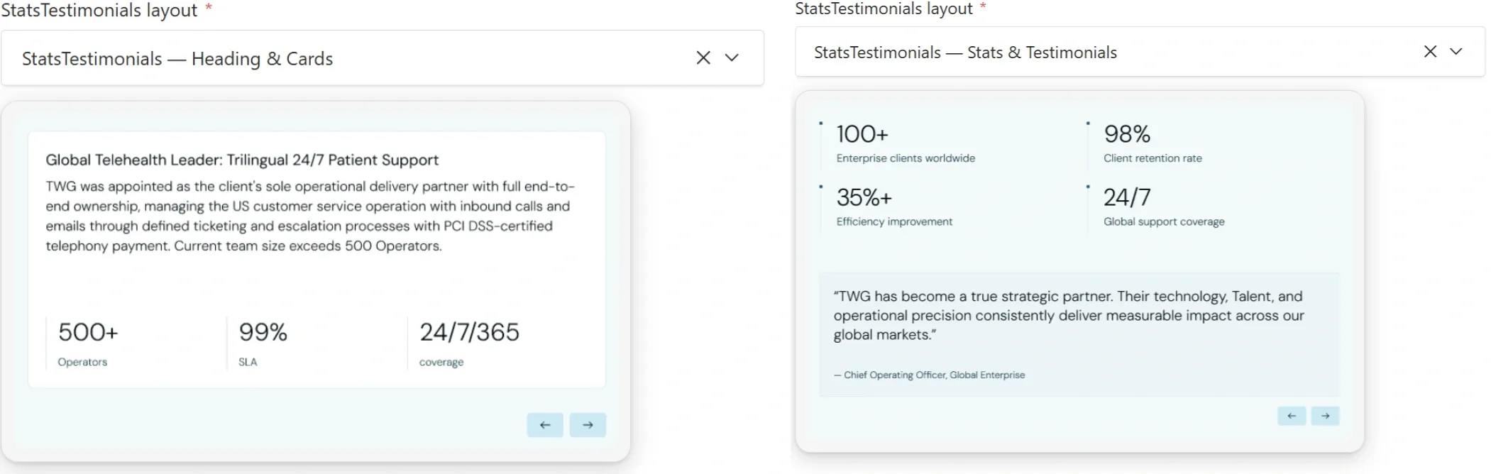StatsTestimonials block, variant select open with the two layout thumbnails.