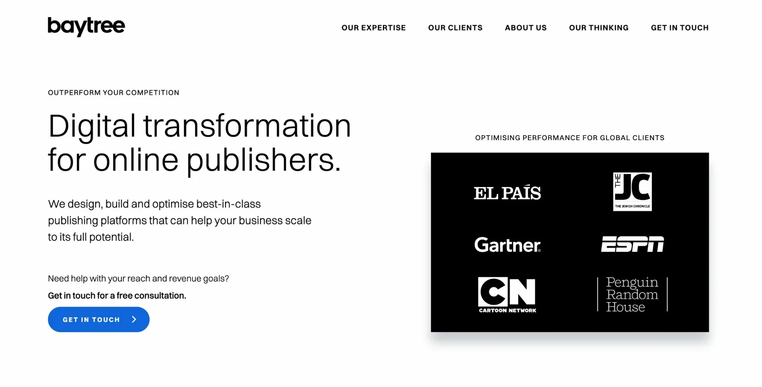 Baytree website hero promoting digital transformation for online publishers with logos of major global media clients.