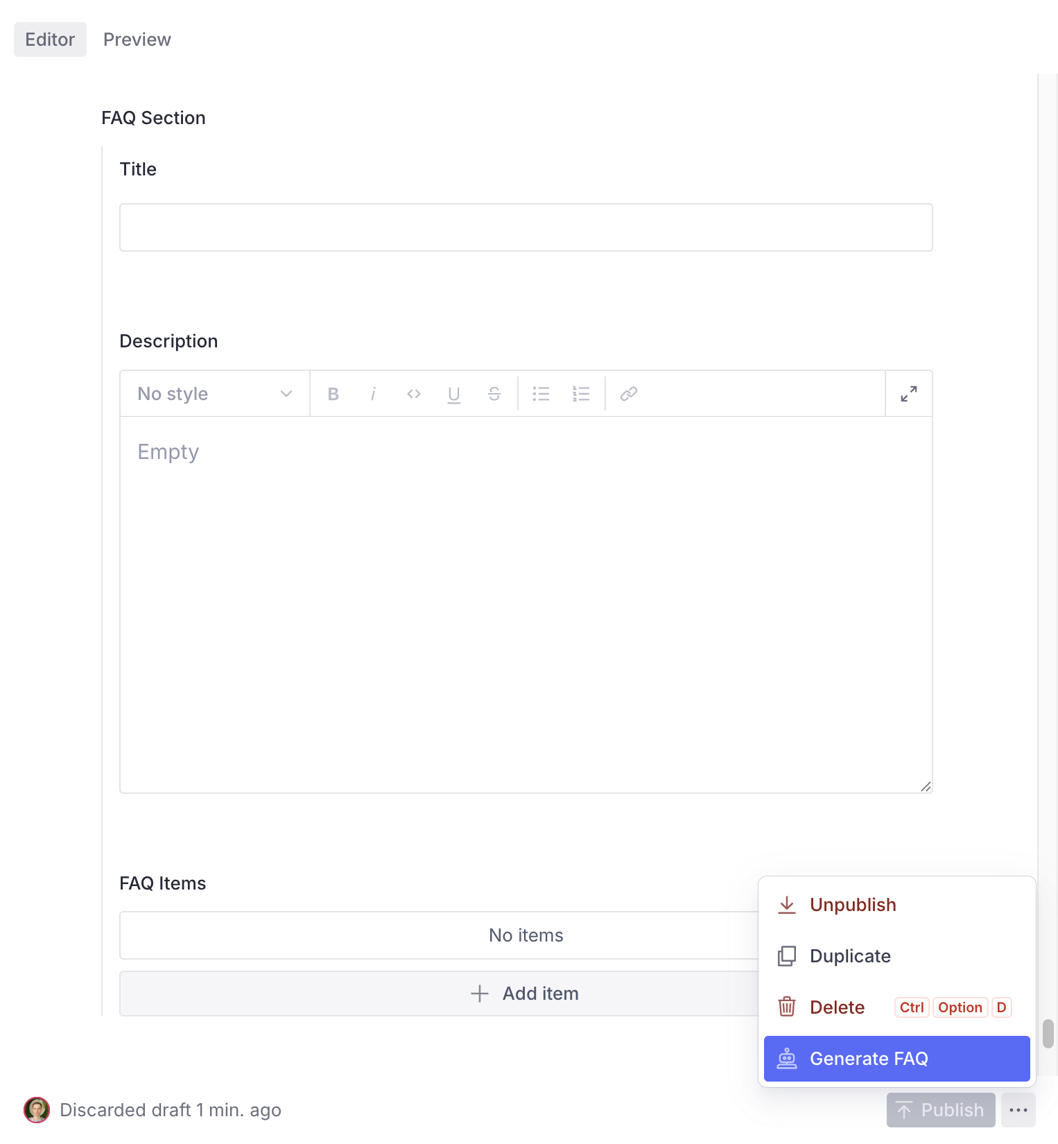 Custom "Generate FAQ" document action in Sanity