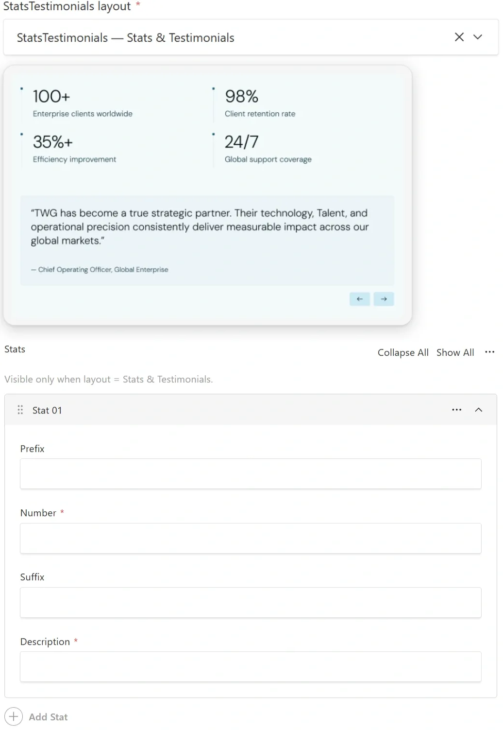Same form after selecting "Stats & Testimonials": Stats array (prefix/number/suffix) and Testimonials array fields visible.