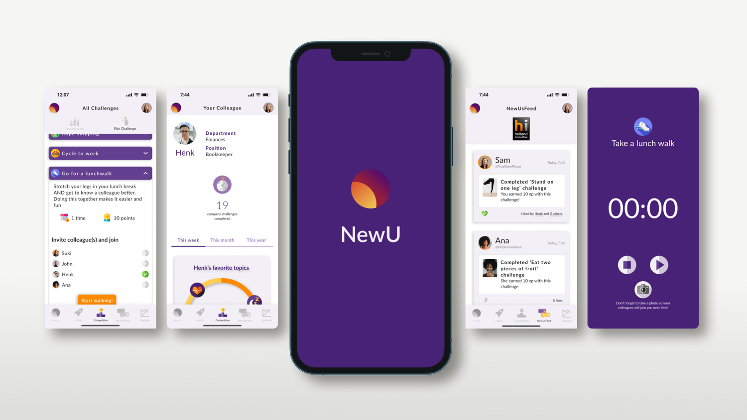 NewU wellness app shown across five mobile phone screens