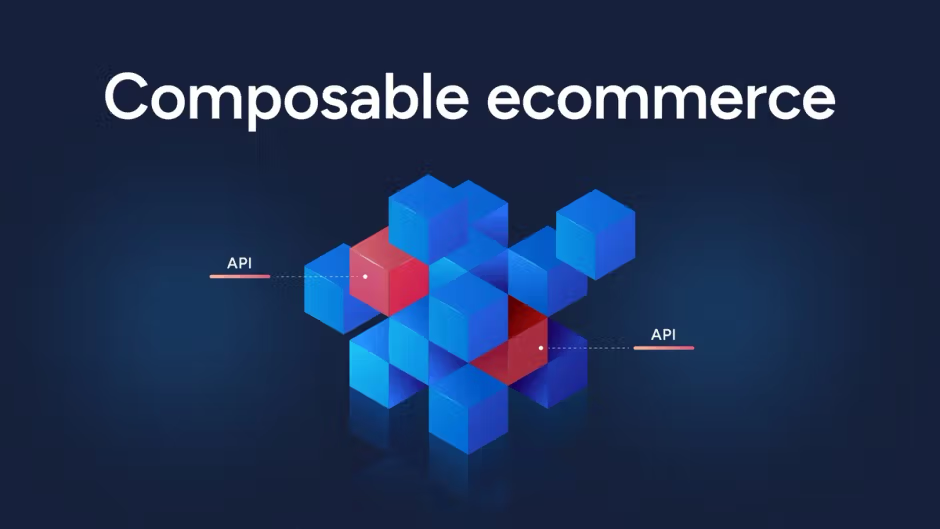 Composable ecommerce diagram with API-connected 3D blocks on dark blue
