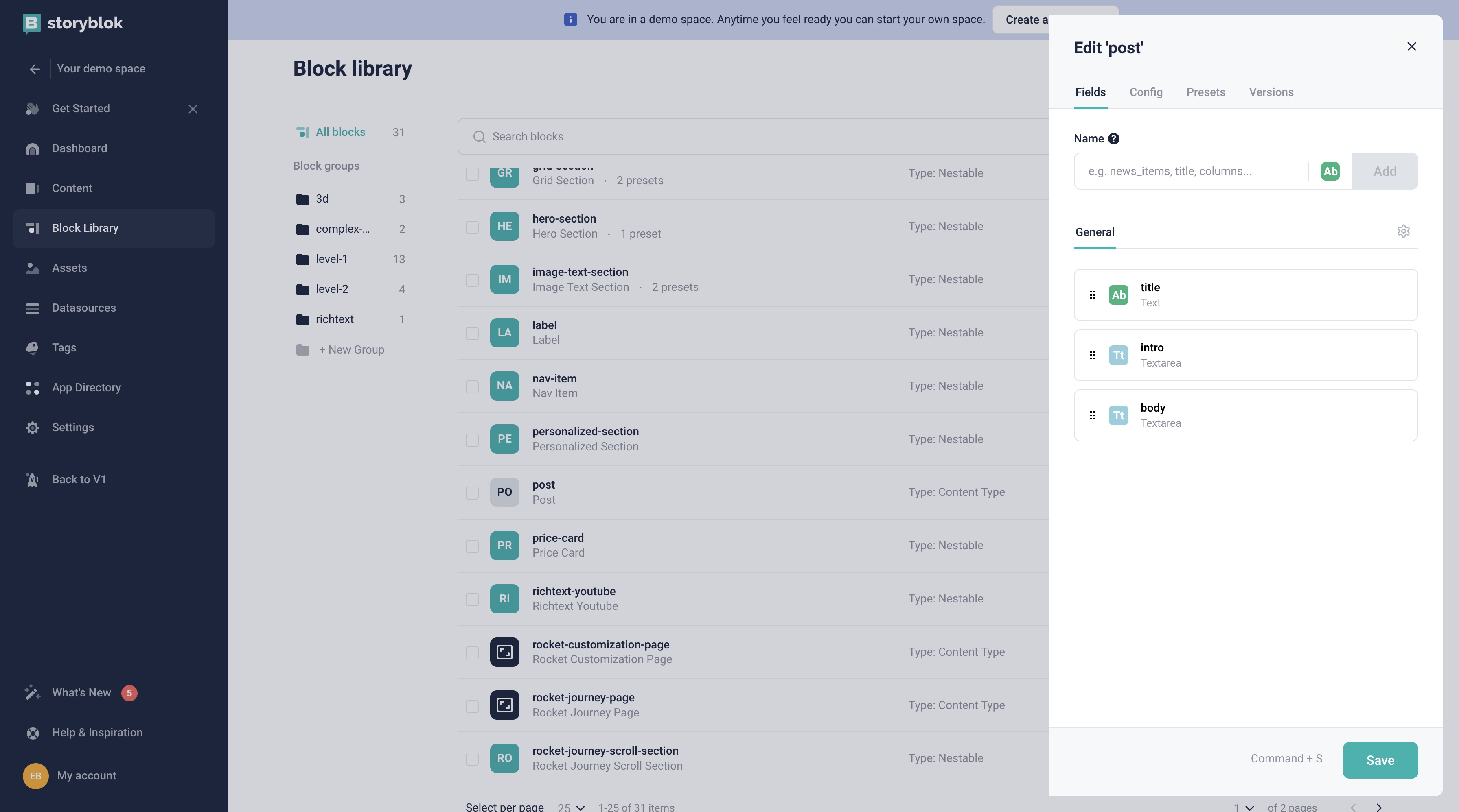 Post content type Storyblok interface