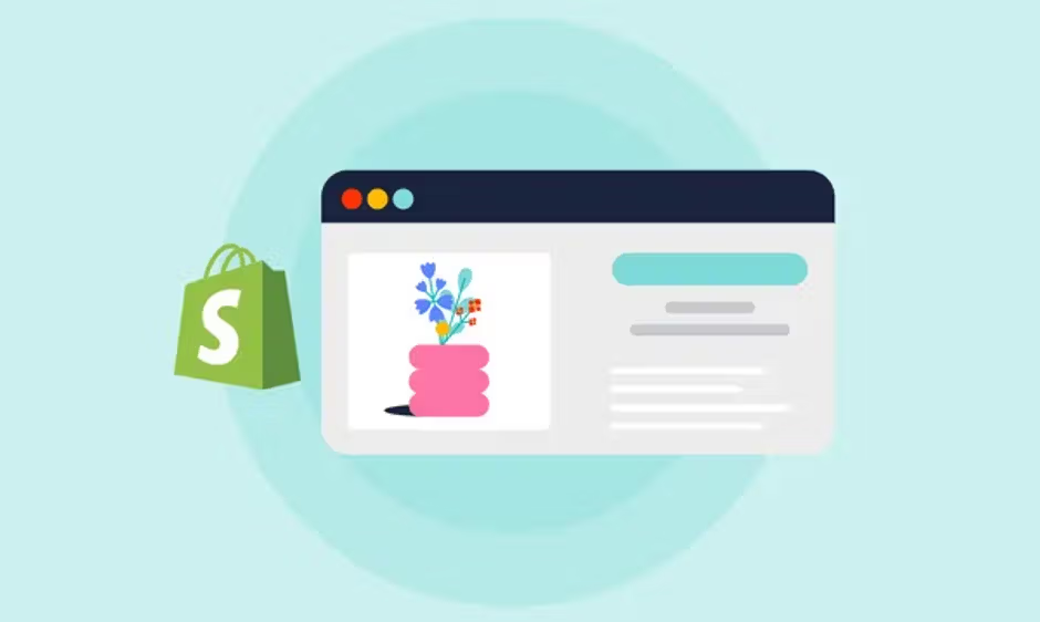 Shopify bag icon next to browser window with flower vase illustration