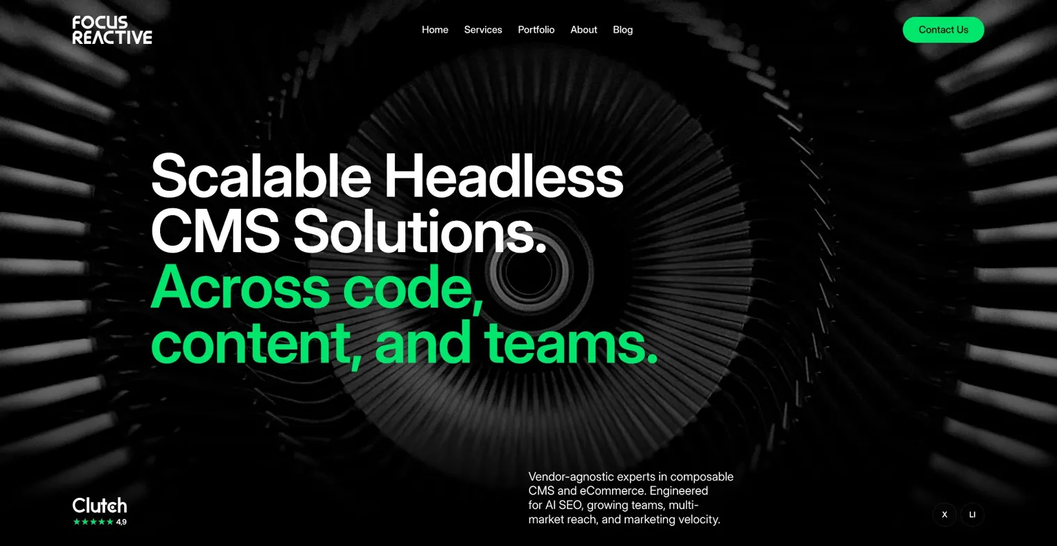 FocusReactive homepage hero promoting scalable headless CMS solutions across code, content, and teams