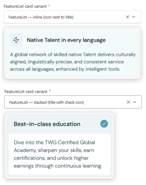 Feature list component card variants