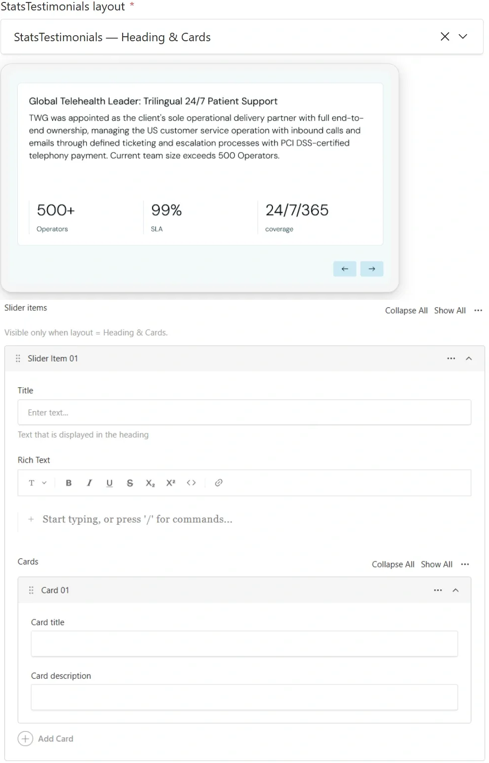 Same form after switching to "Heading & Cards": Slider Items with nested cards visible, Stats/Testimonials fields hidden.